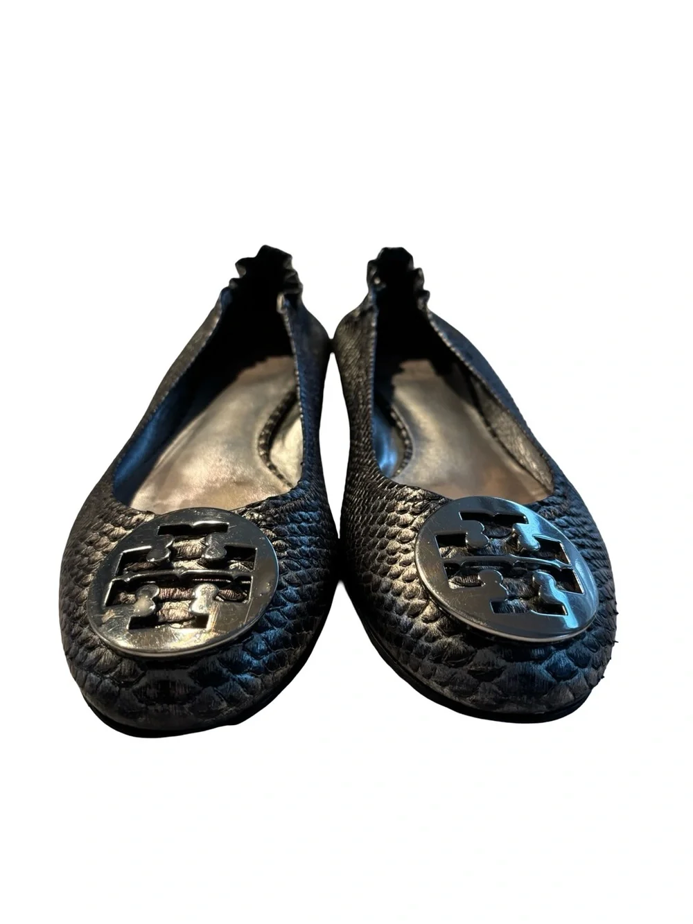 Tory Burch Black Reva Snake-Embossed Ballet Flats Sz 10